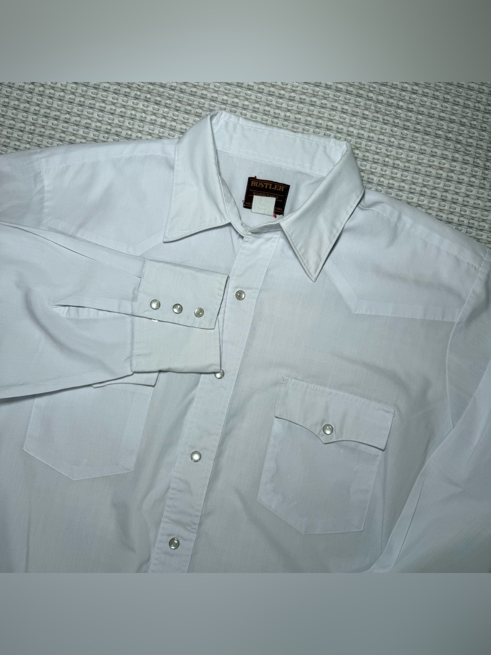 Vintage Rustler Pearl Snap Western Shirt X-Long Tails 18 1/2 32/33 White Cowboy
